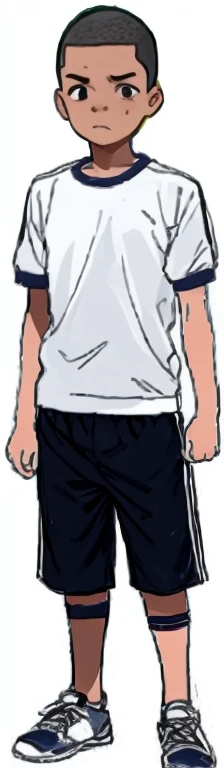 A fifth grade boy with an ugly shaved head is wearing gym clothes and has a sad expression on his face.。