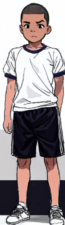 A fifth grade boy with an ugly shaved head is wearing gym clothes and has a sad expression on his face.。