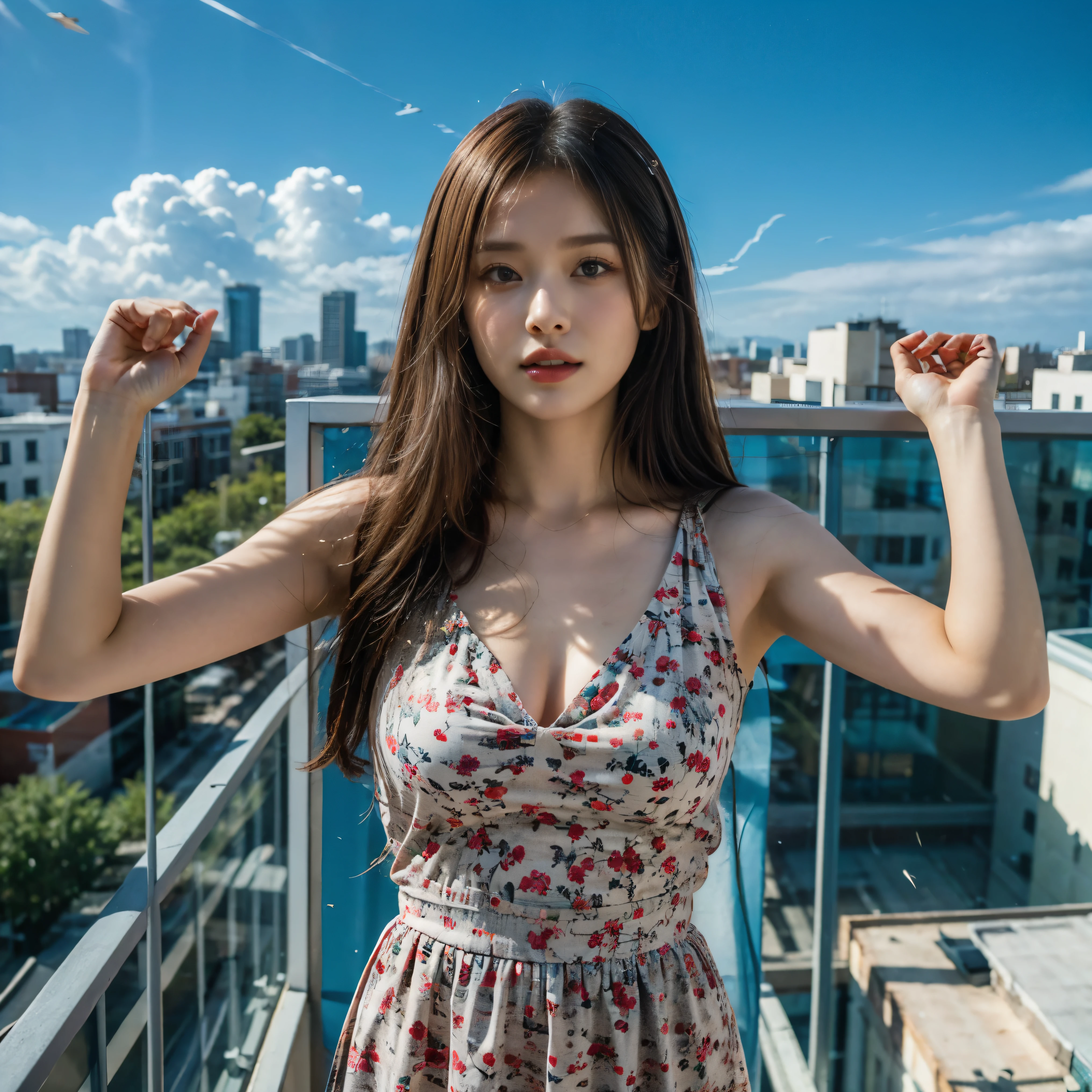（highest quality、4k、8k、High resolution、masterpiece：1.2）、Game Characters、Young and very beautiful female Game Characters、Powerful telekinetic abilities、Run through the sky、Soaring above the bustling city below her、Distinctive and attractive costumes、Distinctive and attractive hairstyle、Distinctive and attractive makeup、Distinctive and attractive pose、Perfect Game Characters、