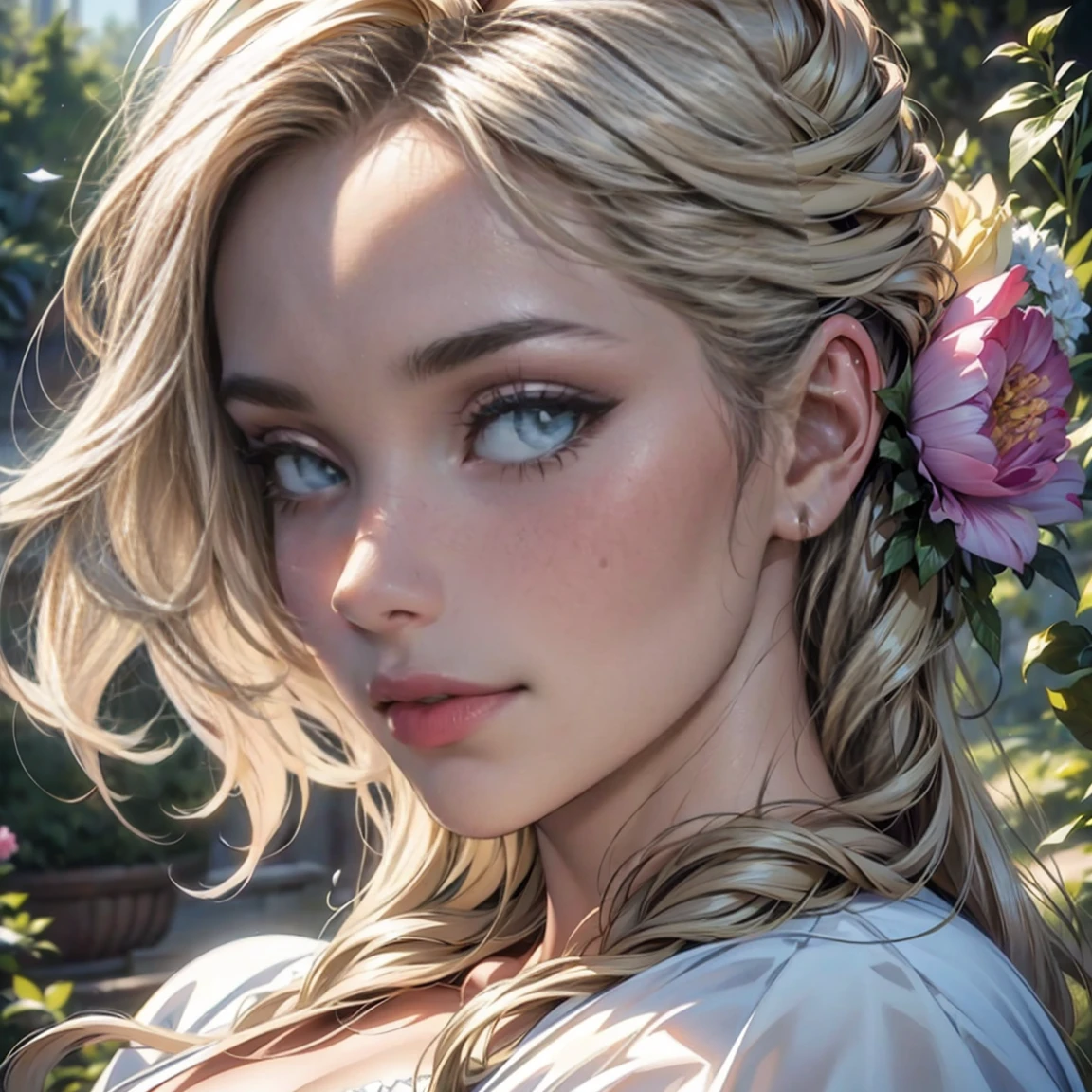 (highest quality,4k,8k,High resolution,masterpiece:1.2),super detailed,(realistic,photorealistic,photo-realistic:1.37),detailed and beautiful eyes,dense and beautiful lips,highly detailed eyes and face,long eyelashes,[garden, Bright colors,soft natural light,romantic atmosphere,vivid flowers, flowing dress,feminine and elegant pose,Happy and confident look, High fashion style, Dreamy scenery, fine art portrait, art print quality, oil painting techniques, impressionist style.