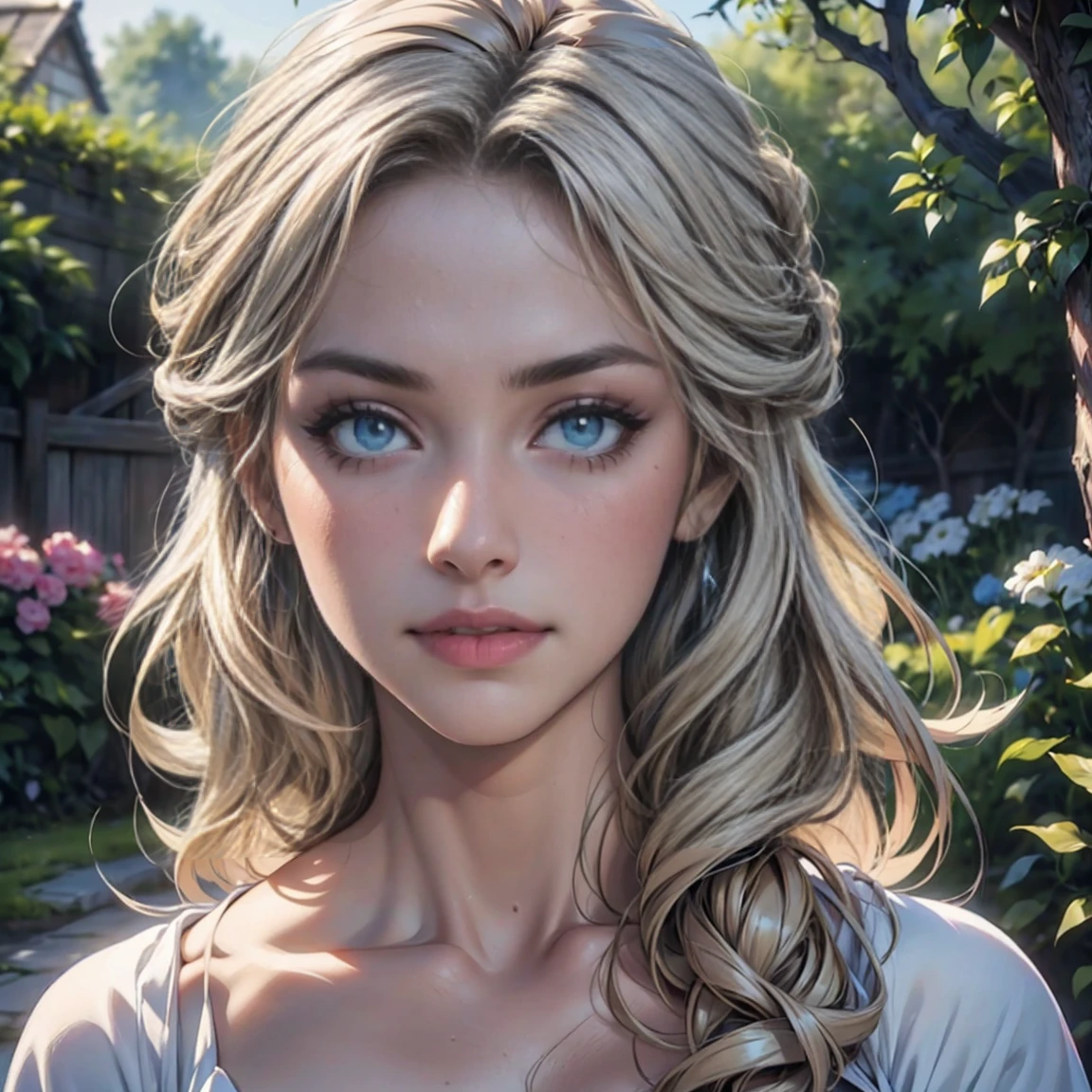 (highest quality,4k,8k,High resolution,masterpiece:1.2),super detailed,(realistic,photorealistic,photo-realistic:1.37),detailed and beautiful eyes,dense and beautiful lips,highly detailed eyes and face,long eyelashes,[garden, Bright colors,soft natural light,romantic atmosphere,vivid flowers, flowing dress,feminine and elegant pose,Happy and confident look, High fashion style, Dreamy scenery, fine art portrait, art print quality, oil painting techniques, impressionist style.