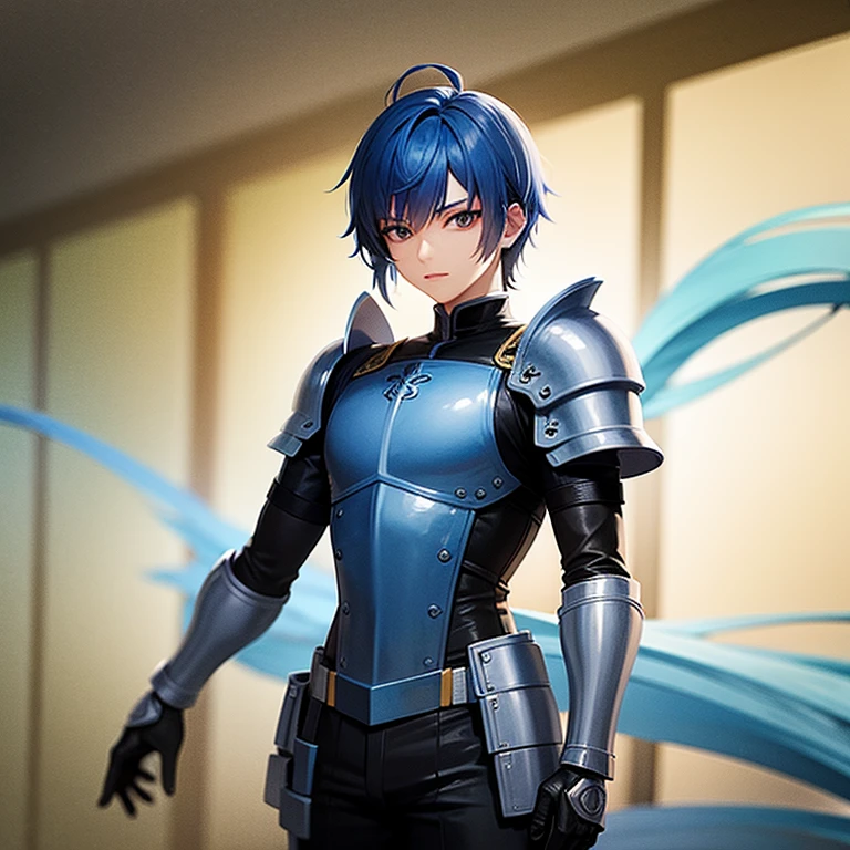 Male character, blue hair, knights of the zodiac sword fish armor