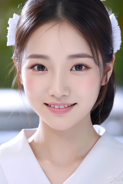 smile、shrine、Royal sister, Equable、Close-up、ponytail、Shrine maiden、Clear double eyelids、front、Very neat and clean、Non-professional lighting、(highest quality)、(Masterpiece)、20-year-old、D Cup、elegant、韓国people女性１people、Mastepiece、(Best Quality)、(８K)、Whitening skin、Extremely detailed skin texture、Snow White&#39;s Skin、Delicate long hair、cute