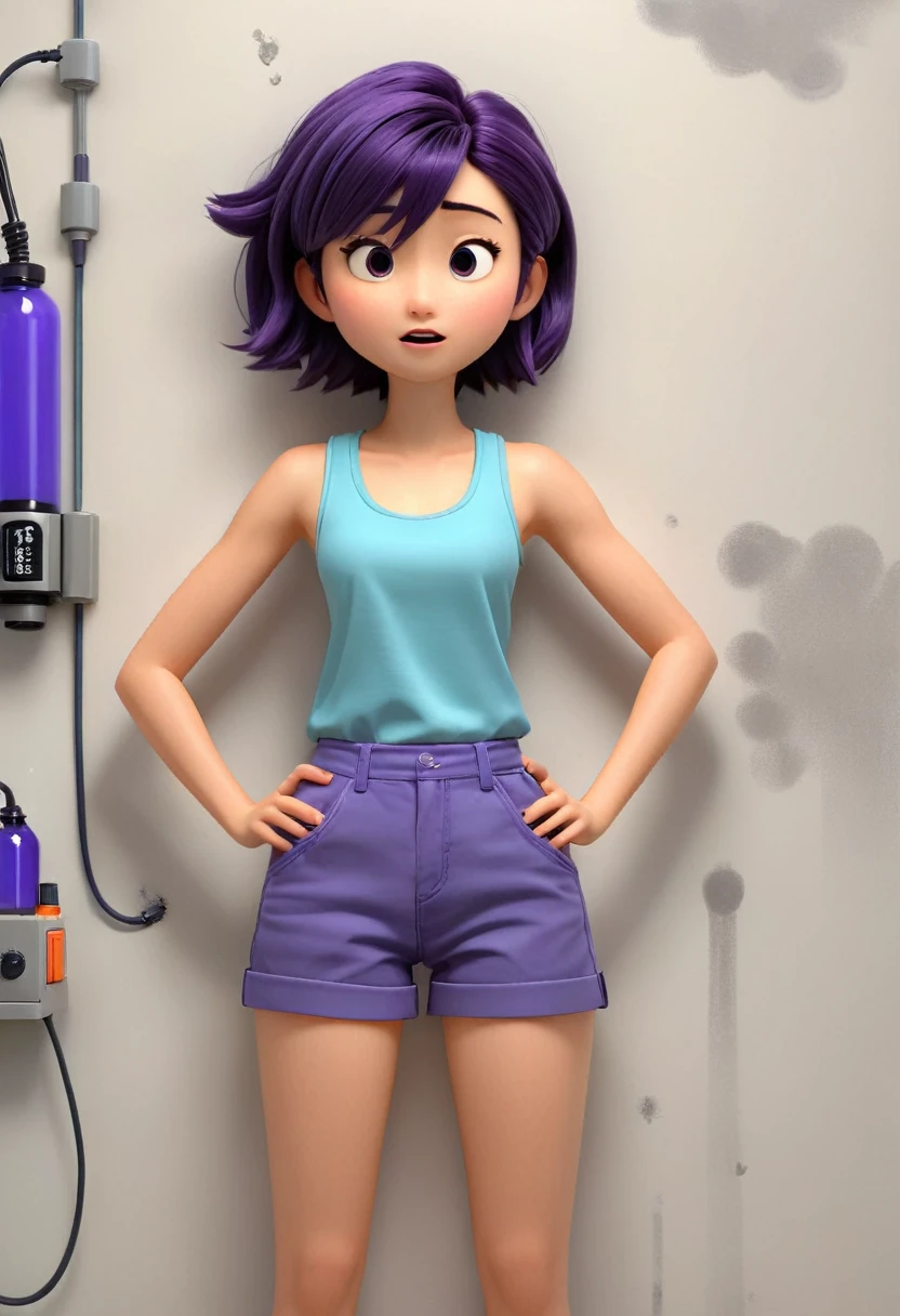 Une Japonaise de , cheveux bleu, dark purple necklace, light gray tank top, terrified, stuck to the wall with super strong black glue in a faulty laboratory, style 3d pixar, (best quality, 4k, 8k, High resolution, chef-d&#39;artwork:1.2), Ultra-detailed, (Realistic, photoRealistic, photo-Realistic:1.37), portraits, Des couleurs vives, studio lighting