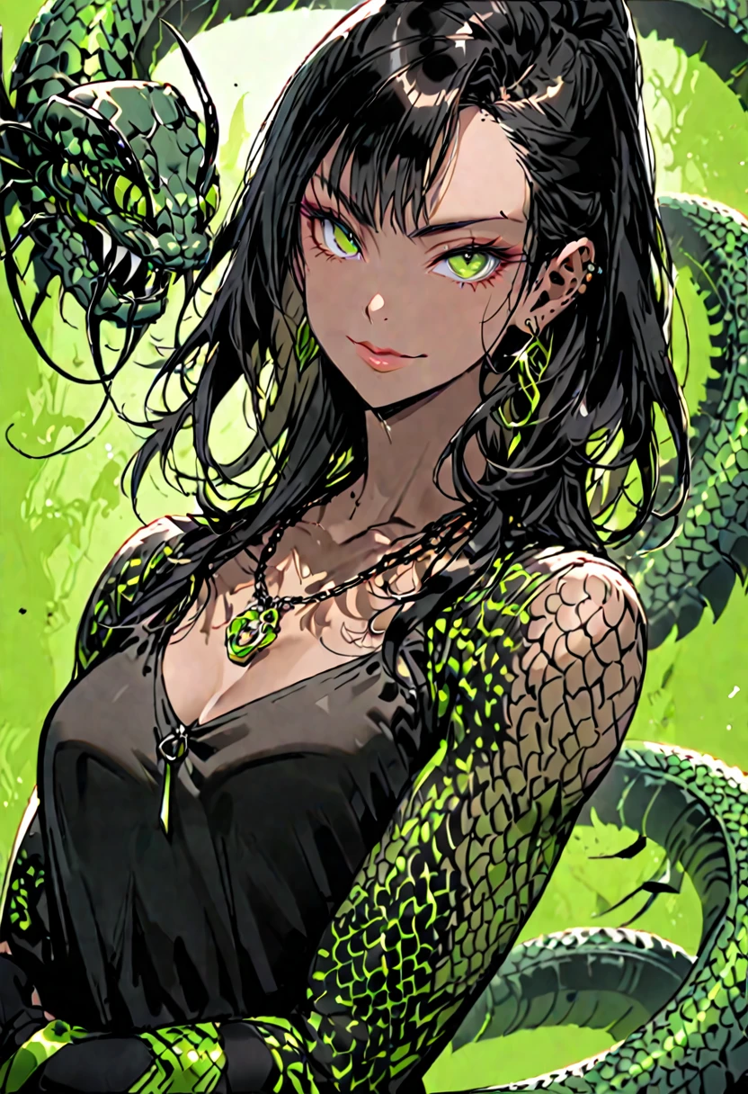 solo, female, strong, tall, thin, bronze skin, long black hair, piercing green, angular face, high cheekbones, lips, necklace, smile, fit, pose, flawless skin, giant scorpion tail