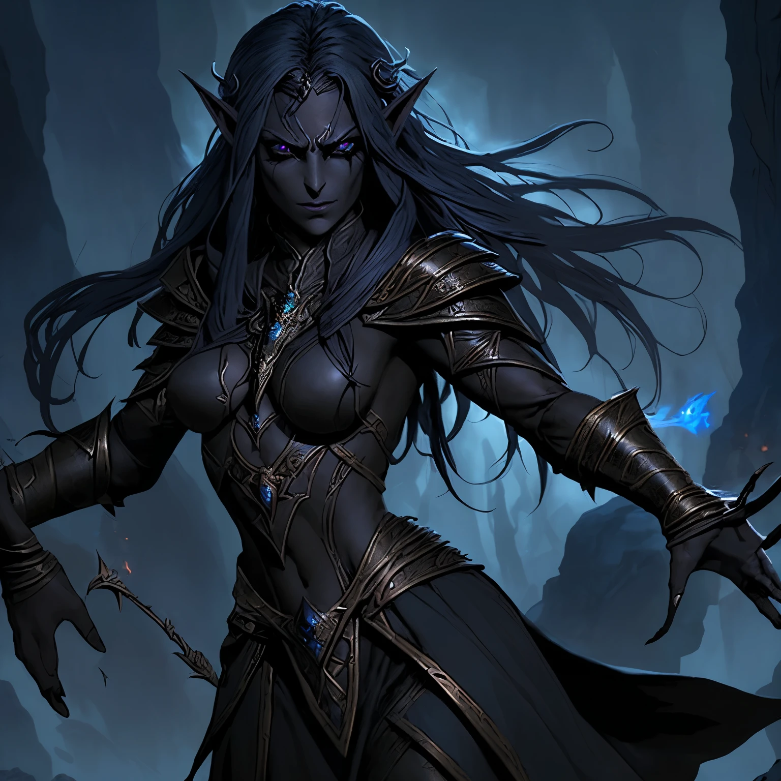 "Dark Elf of Noreak - Avrash" features, enigmatic demeanor, mastery of dark magic, calculated movements, precise actions, eyes gleaming with malice, unwavering determination, member of dark elves of Noreak, commands respect and fear.