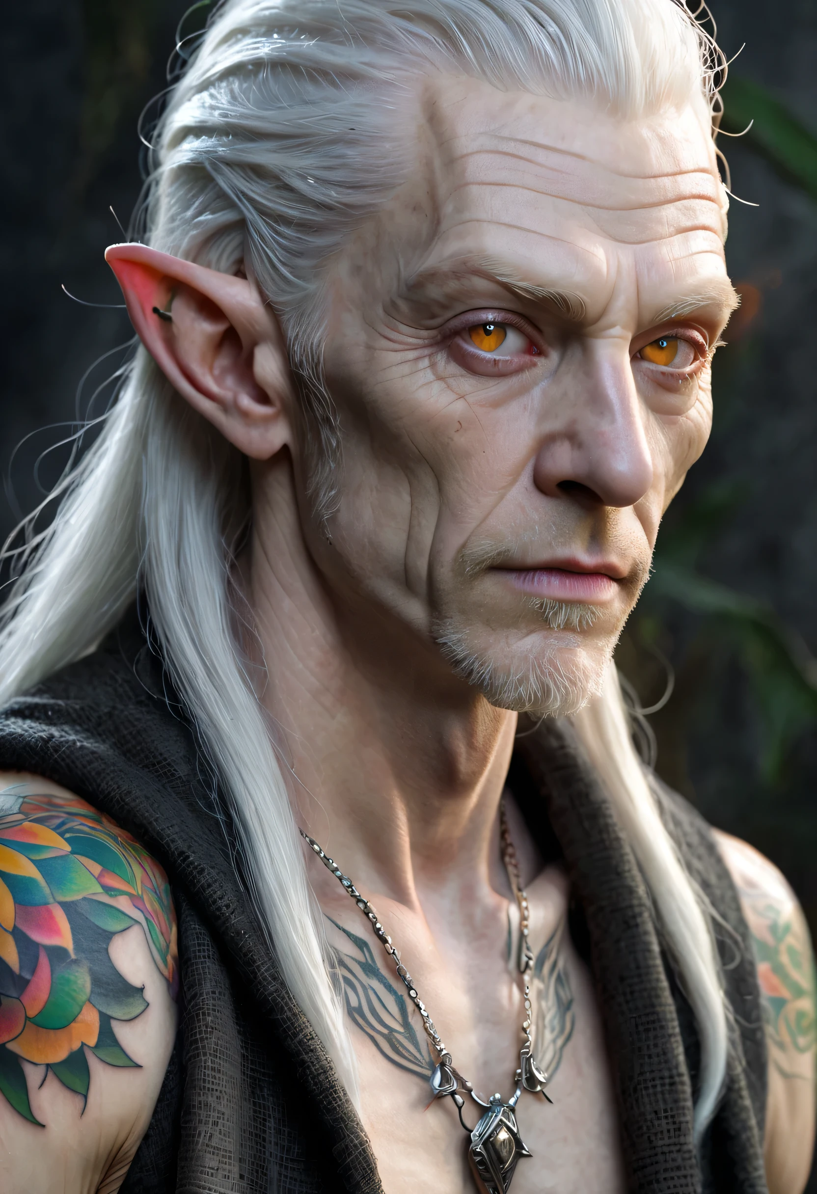 Male wood elf, elven, horror, (Artstation:1.1), (great eye detail:0.7), solo, masculine, skinny, looking at viewer, photorealistic, 8k, half body, highly detailed, ((50 years old, ashen albino skin, gray hair, gray eyes, (upset, sad, rough black burlap robe, ((colorful tattoo:1.4)))))