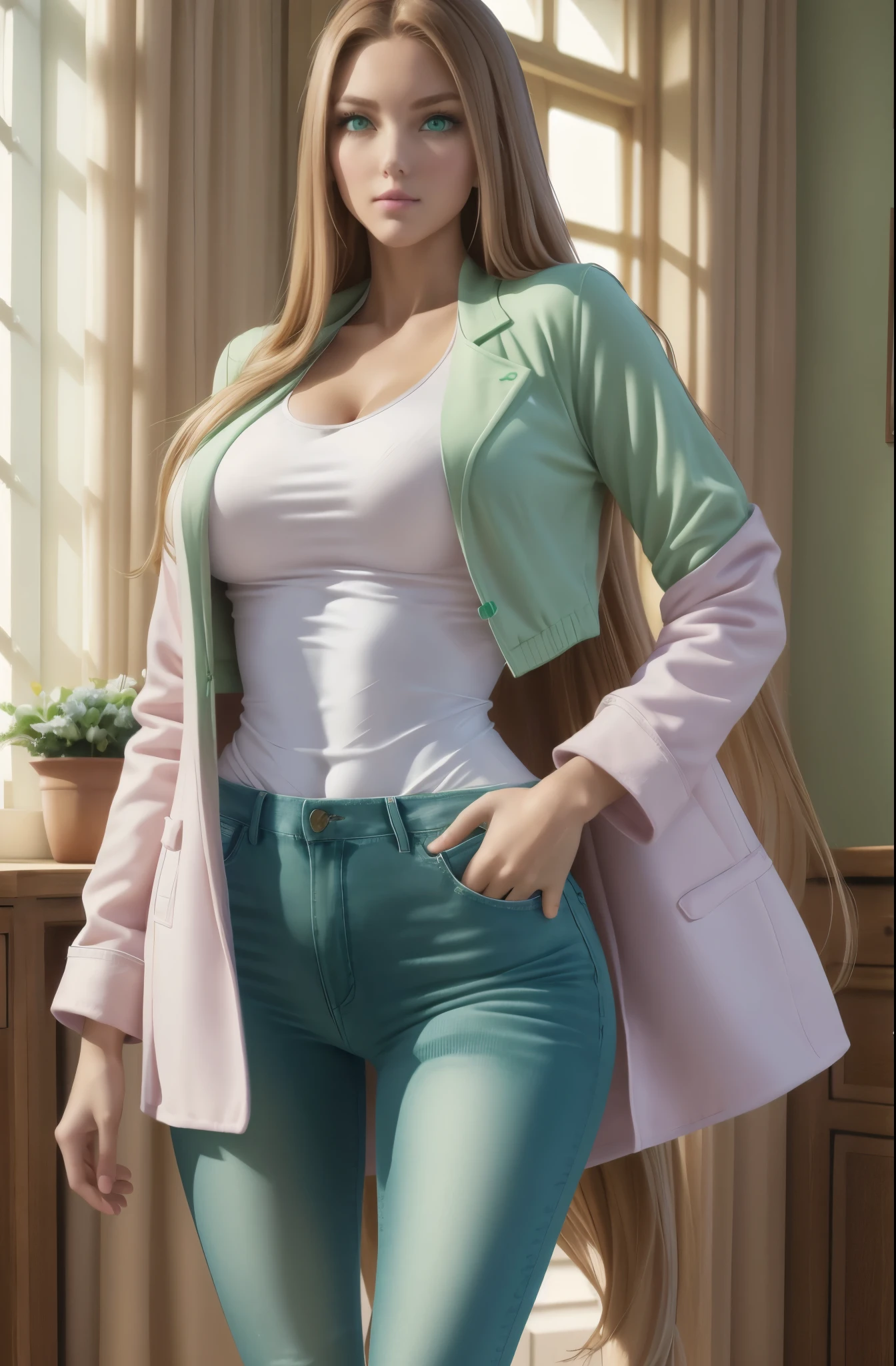 high stature, long hair light chestnut tone, big and almond eyes, intense green eyes, slender and elegant figure, wear jeans, a pastel blouse with a pastel colored and a bump jacket, he combined his attire with white sneakers, busty, booty