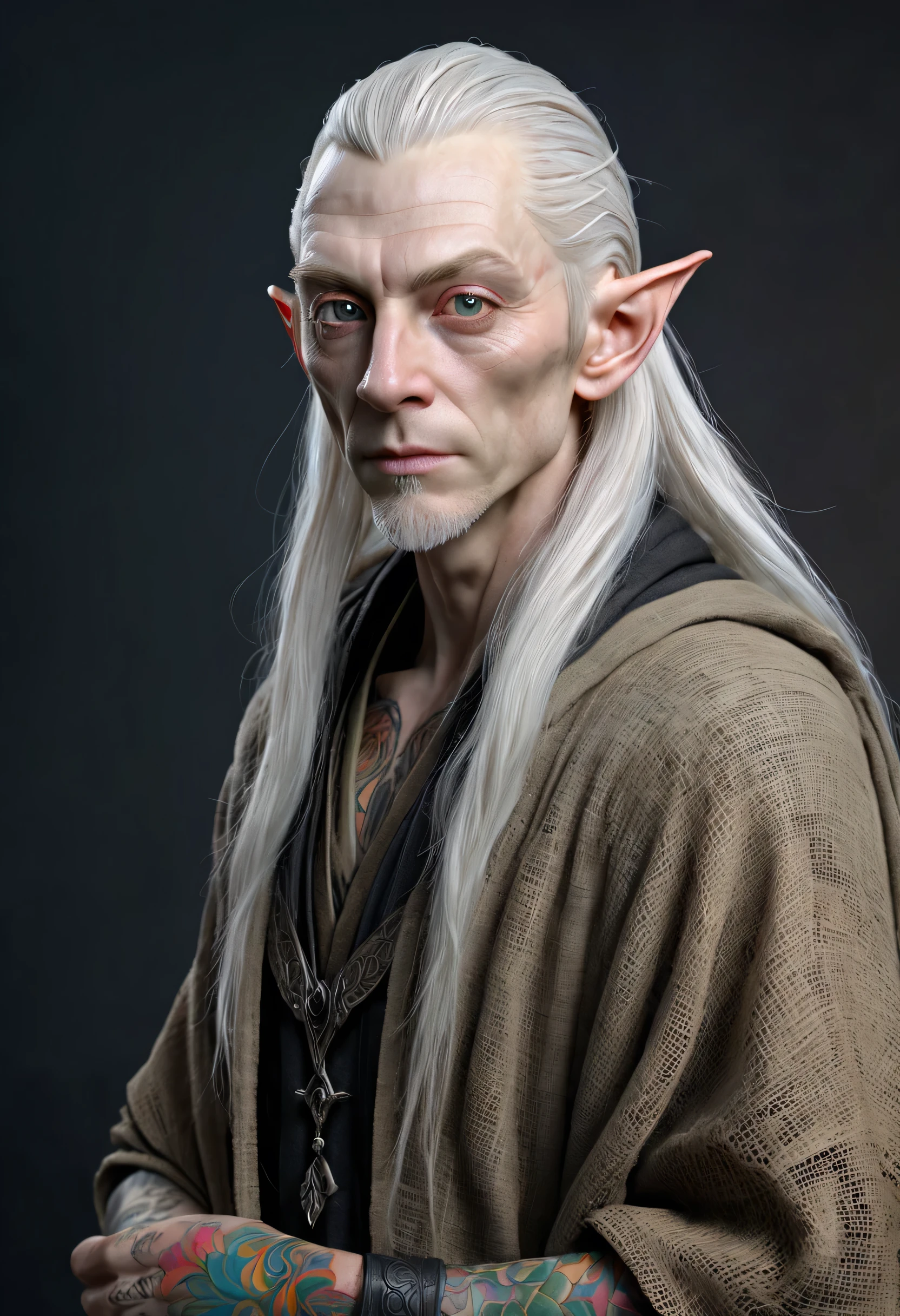 Male wood elf, elven, horror, (Artstation:1.1), (great eye detail:0.7), solo, masculine, skinny, looking at viewer, photorealistic, 8k, half body, highly detailed, ((50 years old, ashen albino skin, gray hair, gray eyes, (upset, sad, rough black burlap robe, ((colorful tattoo:1.4)))))
