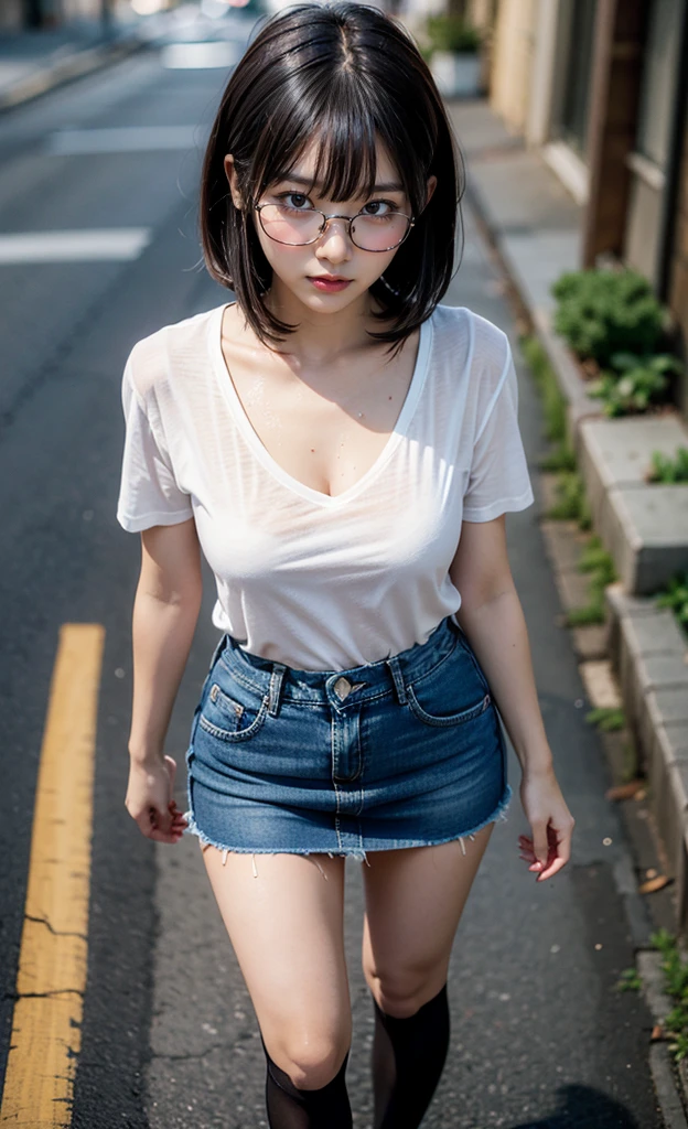 realistic, 1girl, top view shot, eye glasses, blushes, standing, wet dark alley, sunset, dark skies, straight bob hair with bangs, plain white V-neck t-shirt, cleavage, big bust, small waist, denim mini skirt, tights, knee,