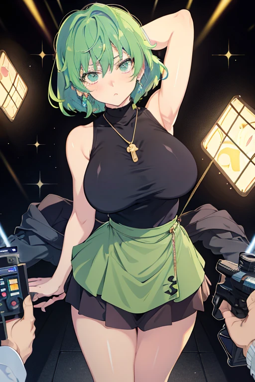 masterpiece, Best Quality, pixiv, Cowboy Shot, Green hair, 1girl in, big breasts, wide hips, blush, Sleeveless, Jewelry, Looking at Viewer, Skirt, Necklace, Solo, Bag, Sweaters, turtle neck, sleeveless turtleneck, Jacket, Sleeveless sweater, Long skirt, short Hair, Blank stare into the lens, Surrounded by a bustling recording scene with flashing lights, 32K, Best Quality, masutepiece, Super Detail, high details, (((pov))!, hourglass body type,