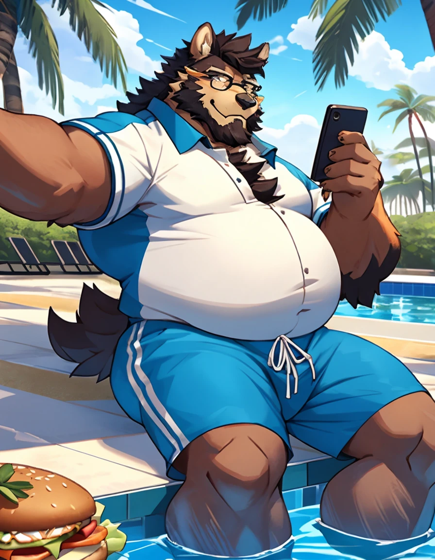 Urso caminhoneiro. very long beard Only plump chubby extremely thick thighs large belly wearing only swim trunks, hold your hand in your swim trunks. . Bastante pelos no corpo. Elegant garden setting. Pouco volume na virilha. He is making a selfie with his cell phone . He is sitting on the edge of the pool drinking a Hawaiian drink..Only plump, chubby, extremely thick thighs, large belly, wearing only swimming trunks Green and gray or blue or white and red, urso velho 56 anos tem uma barba Grande levemente grisalho, he is working inside a cafeteria preparing hamburgers, serving burger to customer. He is holding a plate with a burger and fries in his hands. He wears glasses.elevesta lying on an inflatable animal in the pool