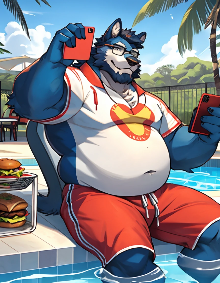 Urso caminhoneiro. very long beard Only plump chubby extremely thick thighs large belly wearing only swim trunks, hold your hand in your swim trunks. . Bastante pelos no corpo. Elegant garden setting. Pouco volume na virilha. He is making a selfie with his cell phone . He is sitting on the edge of the pool drinking a Hawaiian drink..Only plump, chubby, extremely thick thighs, large belly, wearing only swimming trunks Green and gray or blue or white and red, urso velho 56 anos tem uma barba Grande levemente grisalho, he is working inside a cafeteria preparing hamburgers, serving burger to customer. He is holding a plate with a burger and fries in his hands. He wears glasses.elevesta lying on an inflatable animal in the pool