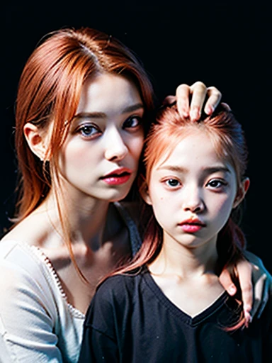 2heads, mom and daughter, (1head:1.5 child), (1head:1.5 young adult) (one torso:1.5), Irish, white girls, age difference, (two heads on one body:1.4), (first head pink hair), (second head ginger hair), (very large breasts), (first head uncomfortable:1.5), (second head unhappy:1.5) conjoined twins, heads side by side, one torso, young, realistic faces, lifelike faces, uncomfortable, barefoot
