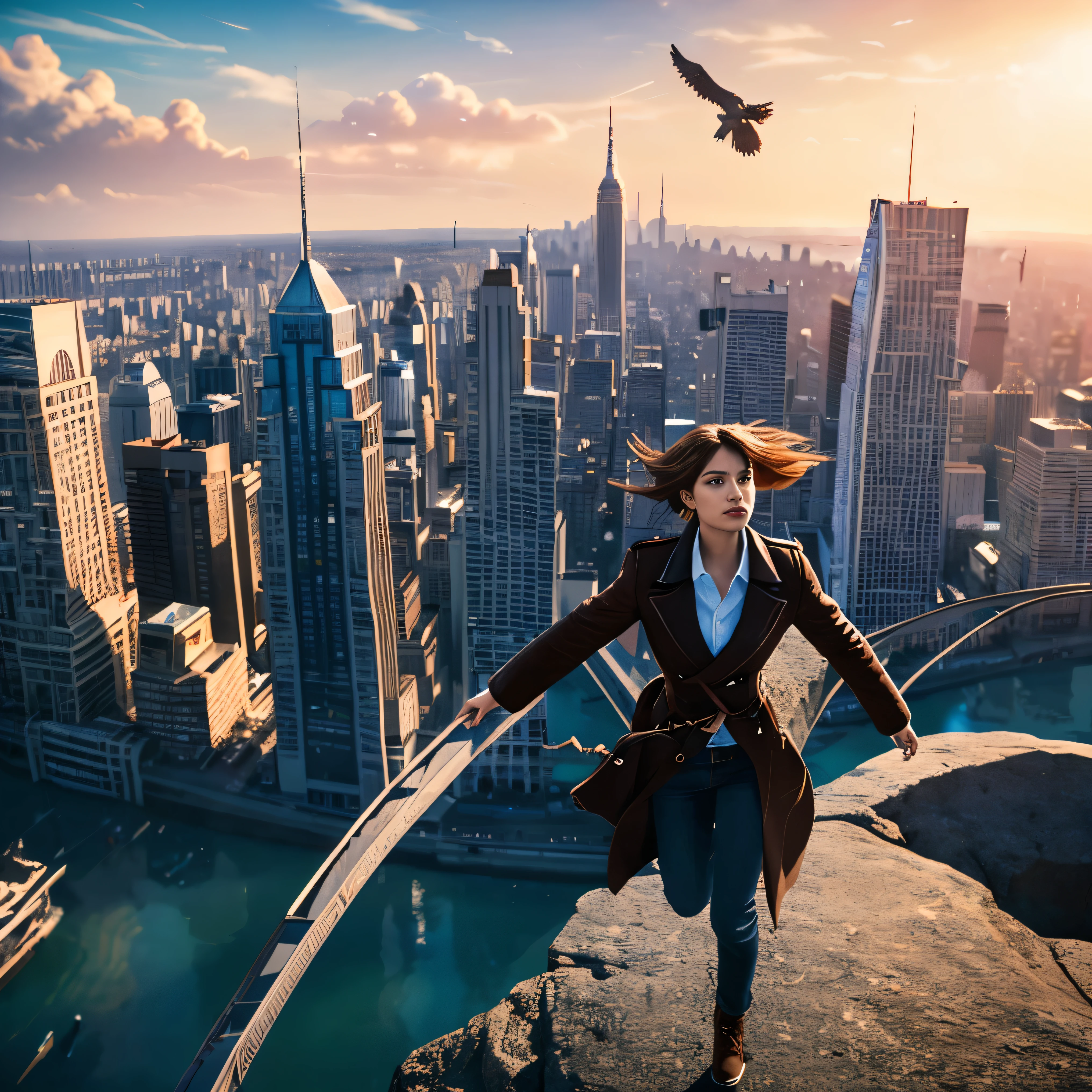 (best quality,4k,8k,highres,masterpiece:1.2),game character,one young and extremely beautiful female game character,powerful telekinetic abilities,dashing through the sky, soaring above the bustling city below her