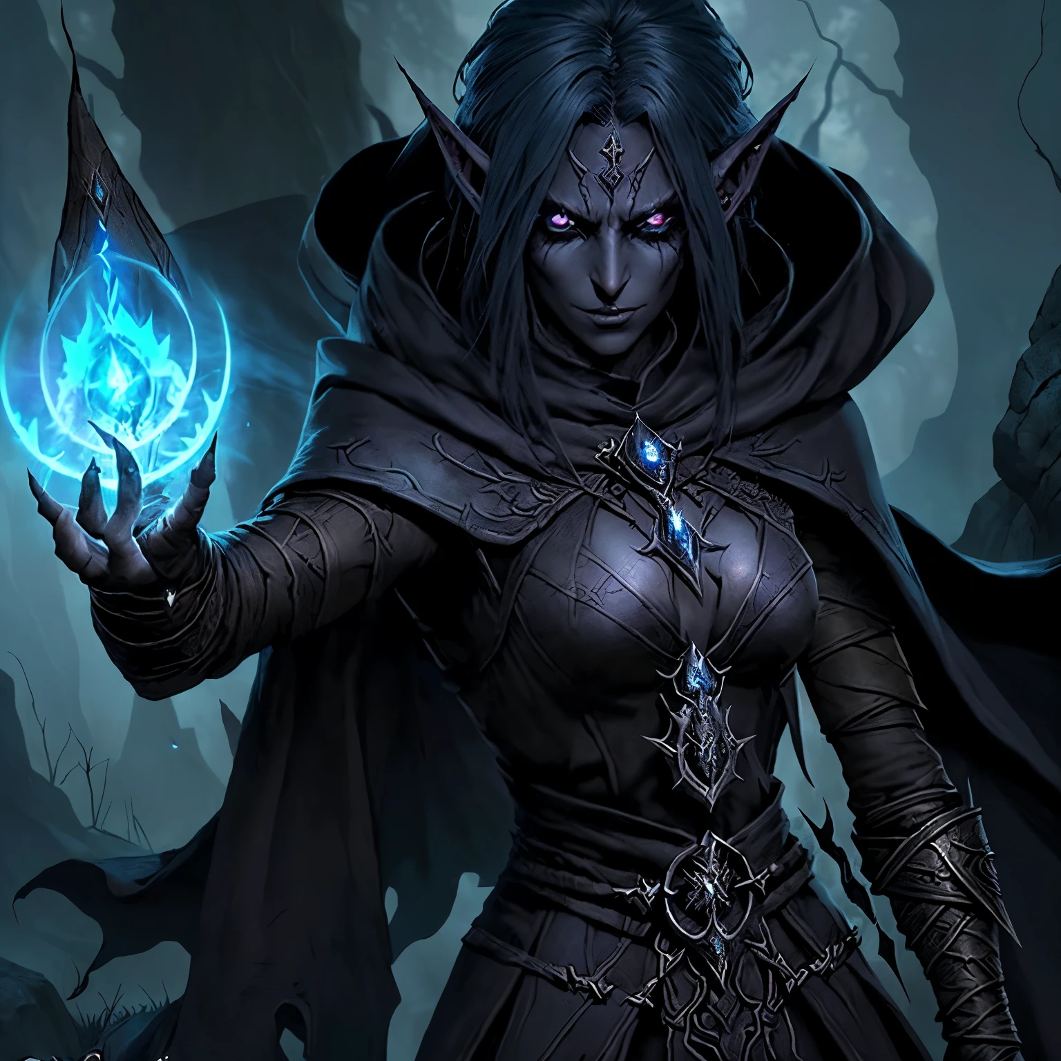 "Dark Elf of Noreak - Drunhar" features, malevolent aura, siniter mage, cunning nature, shrouded features, piercing eyes, mastery of dark magic, deadly precision, calculated movements, strategic mind, ruthless demeanor, commands fear and respect.