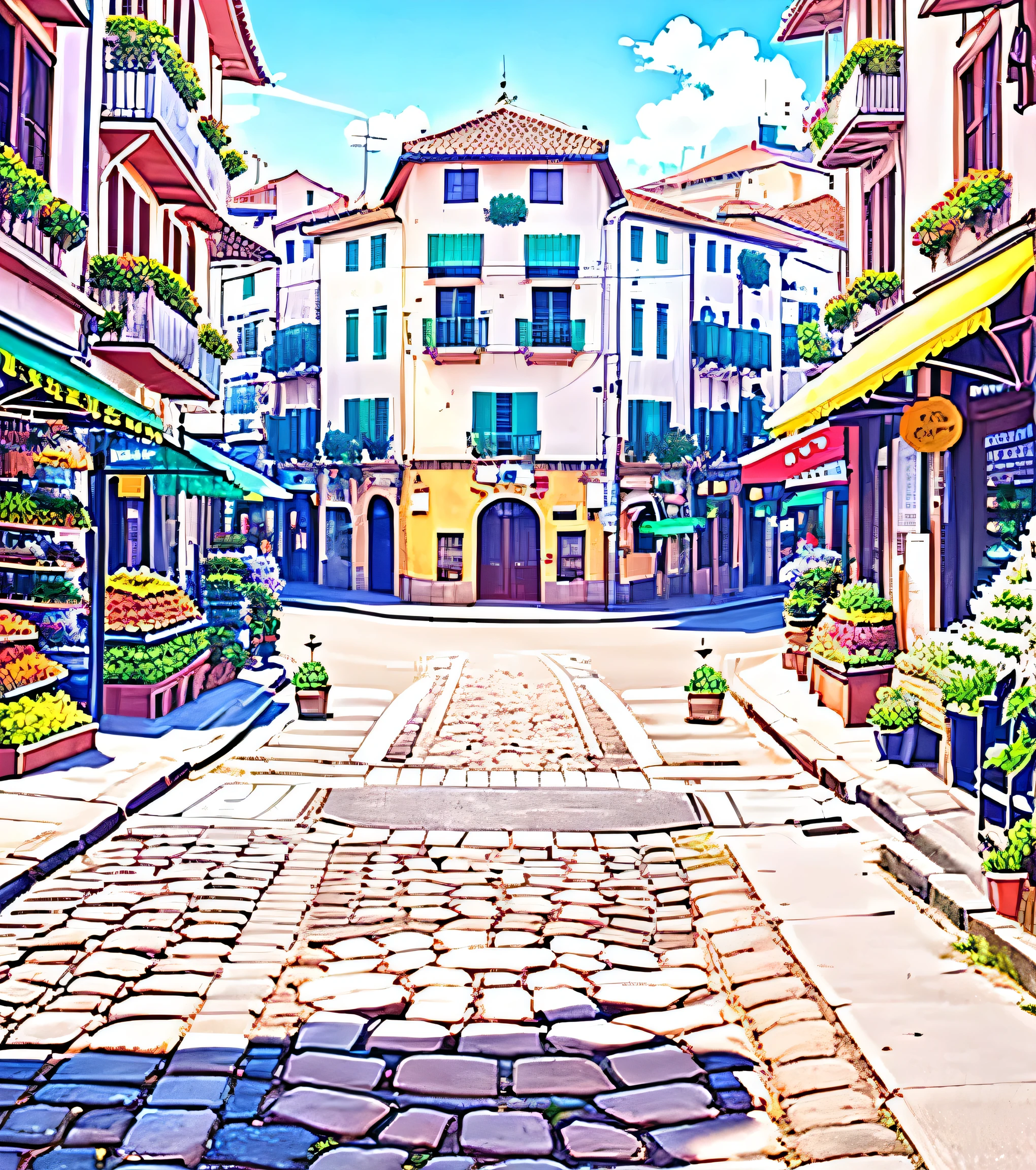 anime - style scene of a street with a cobblestone road and a building, fundo do centro da cidade, fundo de anime art, Renaissance background of the port city, fundo da cidade, paisagem urbana estilo anime, fundo de anime, streets of the ancient city behind her, paisagem urbana de anime hd, fundo de filme de anime, fundo de rua, anime scenery concept art, colorful fundo de filme de anime, a bustling magical city, cidade antiga, cidade renacentista, flores, frutas, castelo renascentistas, art 4K, DESENHO DETALHADO, lojas, floricultura, flores, mercado, frutas, french castle, rua de pedras, muitas flores, cidade colorida, symmetrical and smooth stone floor, cidade florida, casas bonitas, casas sem defeitos, ruas sem relevo, ART 8K, arte detalhada, arte muito detalhada