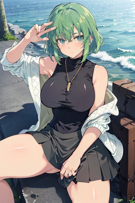 masterpiece, Best Quality, pixiv, Cowboy Shot, Green hair, 1girl in, big breasts, wide hips, blush, Sleeveless, Jewelry, Looking at Viewer, Skirt, Necklace, Solo, Bag, Sweaters, turtle neck, sleeveless turtleneck, Jacket, Sleeveless sweater, Long skirt, short Hair, Blank stare, sitting at beach side, 32K, Best Quality, masutepiece, Super Detail, high details, (((pov))!, hourglass body type,