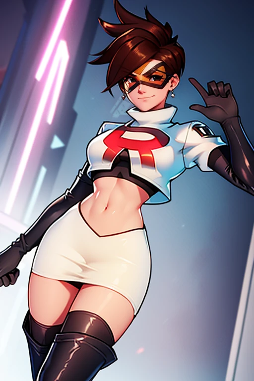 Tracer, goggles ,brown hair ,earrings, glossy lips ,team rocket uniform, red letter R, white skirt,white crop top,black thigh-high boots, black elbow gloves, evil smile, night sky background