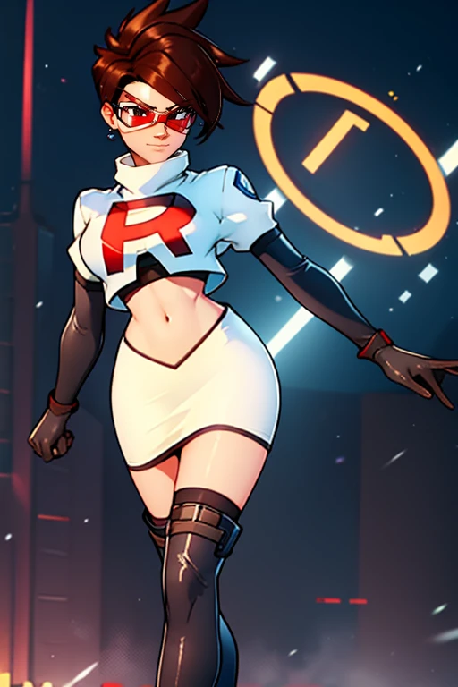 Tracer, goggles ,brown hair ,earrings, glossy lips ,team rocket uniform, red letter R, white skirt,white crop top,black thigh-high boots, black elbow gloves, evil smile, night sky background