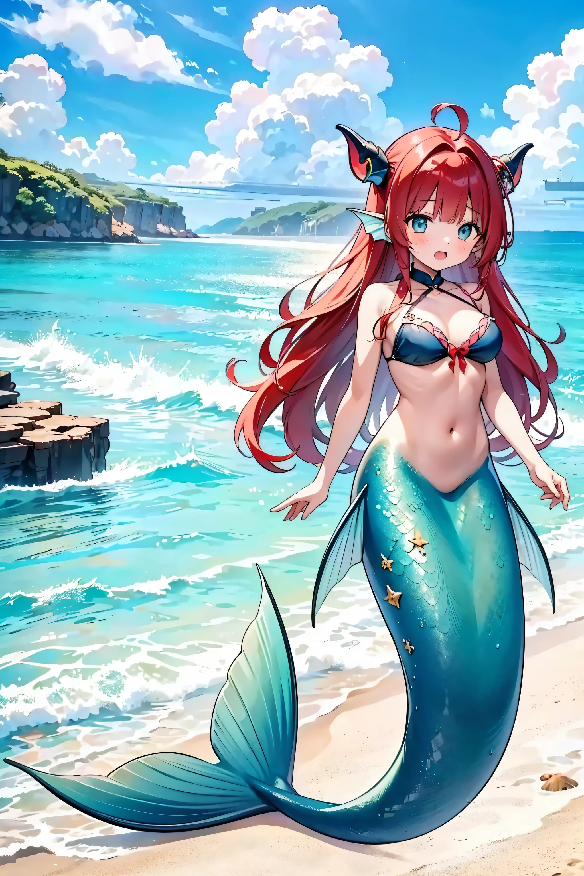 (best quality,4k,8k,highres,masterpiece:1.2),ultra-detailed, Pretty 15 years old princess magically transformed into a beautiful mermaid, race swap, fantastic transformation, steampunk, long and detailed mermaid tail with shimmering red fish scales, fins ears, , drawn in anime style, very long pigtails red hair, sharp teeth, is smiling, pink eyes, small breast, long pelvic and dorsal fins, pair of fish gills on the torso, red seashells bra, starfish hair clips, pearl earrings and bracelets, pearl necklace, hair ribbons, gold tiara, lying on a sandy beach, new beautiful body,she’s smiling,embracing her new life has a mermaid, brushing her hair with an hairbrush, ocean waves,sparkling water,coconut trees,seagulls,coral reef,vibrant colors,magical glow,shimmering scales,sea breeze,warm sunlight,joyful expression,island paradise,lush tropical plants,dynamic composition,soft and smooth lines,expressive facial features,gentle water reflections,serene atmosphere, Highly detailed, masterpiece, high quality, 4K.