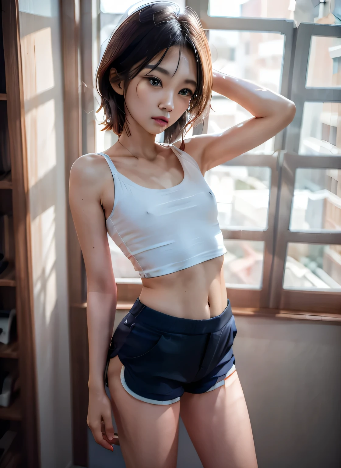 Masterpiece, best quality, best perspective, ultra-detailed and complex, extremely refined and beautiful, best quality light, (ray tracing: 1.1), anti-aliasing, realistic, (Intricate details: 1.2), (Fine details), (cinematic light, best quality backlight), clear lines, sharp focus, official art, Unity 8k wallpaper, ridiculous, incredibly ridiculous, huge file size, super detailed, high resolution, extremely detailed extremely refined and beautiful, RAW photos, professional lighting, dynamic lighting, light on face, depth of field, monofocal,mideum shot,full body,cowboy shot,standing,from front, pose, BREAK 1girl,Japanese,22yo,light brown hair,short messy wave hair,(Oval orange cell frame glasses), BREAK (slender body:1.4),(small :1.7),beautiful legs,Sky full of stars,fullmoon,in the night, nice lighting,luxurious bedroom interior design, luxury interior, white leather bed,tufted carpet,bronze wall lights, large glass window with gray drapes, natural light, softlight, (flat white ceiling),
masterpiece, realistic, high quality,binding shorts,(navy blue binding shorts:1.4), (white stripe on shorts:1.1),wet,no_bra,covered_,tiny Sportsbra,classroom,