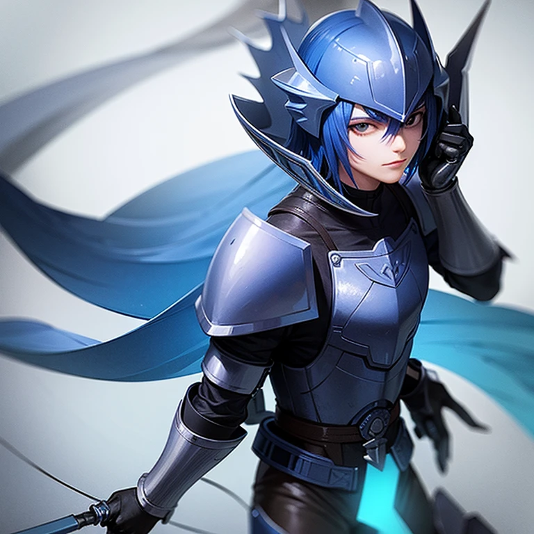 Male character, blue hair, blue armor, and with a blue swordfish as a helmet