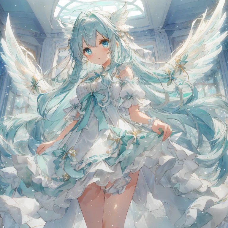 Mint-inspired, sparkling and cute atmosphere. A moe anime style bishoujo with big sparkling blue eyes and a fluffy appearance. Full body. She wears a mint-colored dress with detailed and delicate ruffles, with many ribbons and star-shaped ornaments. She has fantastic, fine translucent white wings and an aura of magical light that accentuates the fantastic atmosphere. Her hair is voluminous and long wavy, with ribbons to match, giving her a cute and whimsical look. The background is a dreamy cloudy sky with a dusty light, and the soft mint color enhances her fantastic and gentle atmosphere. (( highest image quality, highest quality ))