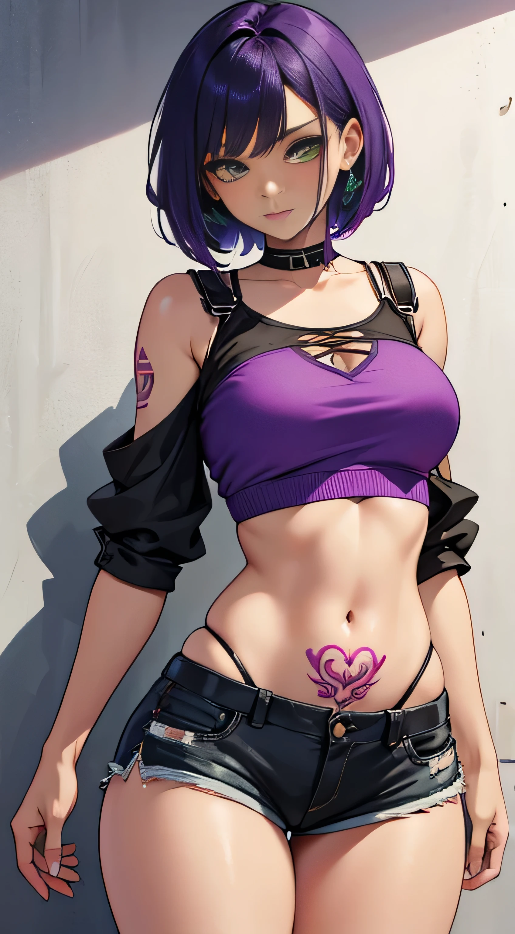 a beautiful black girl, with green eyes, purple hair, with several tattoos spread across her body, wearing short shorts, showing the definition of her thighs, and wearing a short blouse, showing her belly