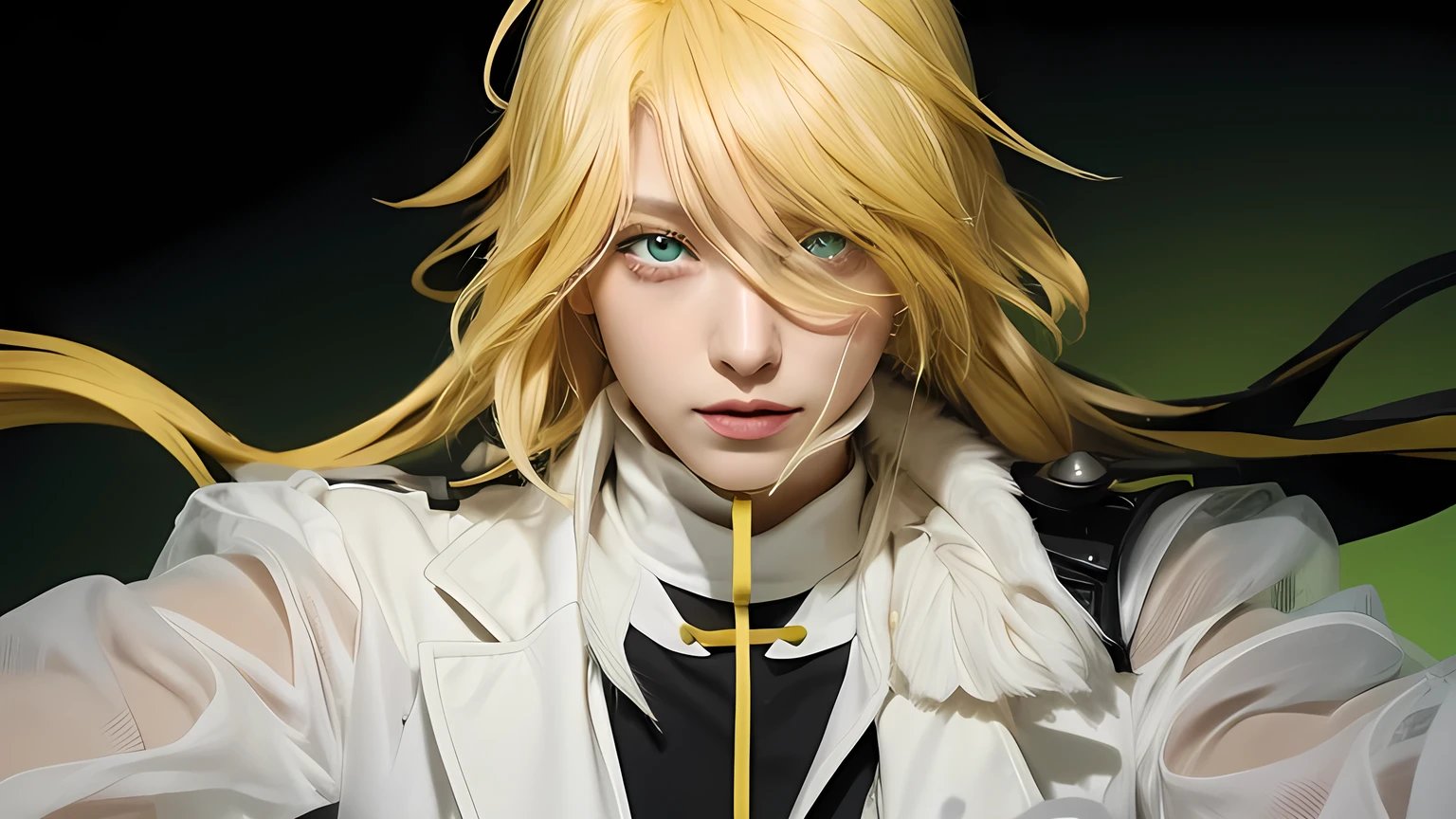 photo Yellow hair, white clothes, green eyes, black background