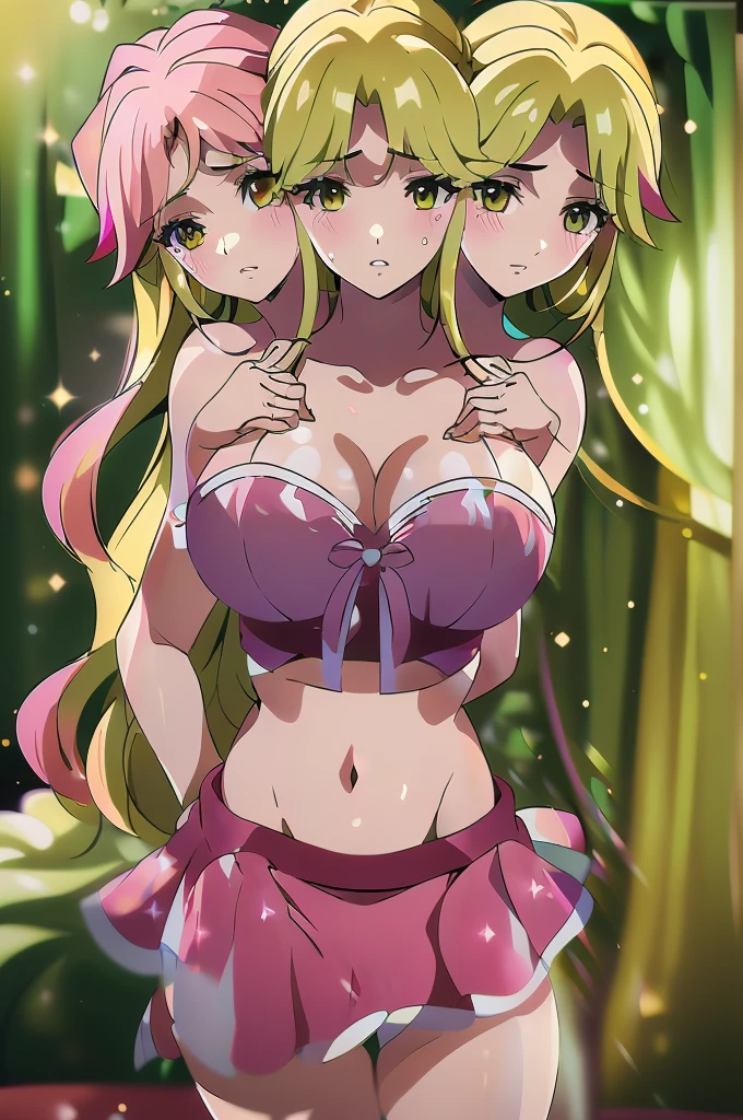 (masterpiece, best quality), best quality, best resolution, (ultra-detailed), (3heads:1.5), 1girl, (yuki:1.3), masterpiece, best quality, ultra quality, ultra resolution, ultra detail, dark red and pink top, crop top, ((stomach)), midriff, ((groin)), dark red and pink skirt, normal ears, shackles, blonde hair, very long hair, wavy hair, sidelocks, yellow eyes, parted lips, open belly, sweat, cute, toned belly, hand on own chest, eyelashes, (24 year old woman:1.3), (masterpiece:1.5), (best quality:1.5), (beautiful detailed), extremely detailed CG, extremely delicate and beautiful, depth of field, (finely detailed face), (perfect details:1.2), (mature female:1.3), wide pelvis, slender, large veiny breast, 16k resolution, highres, very high quality, very high definition, extremely detailed, masterpiece, best quality, blonde hair, long hair, alluring presence, braid, short skirt, close up, big tits, young, pink ribbon, girl with three heads, same hair color, blonde,