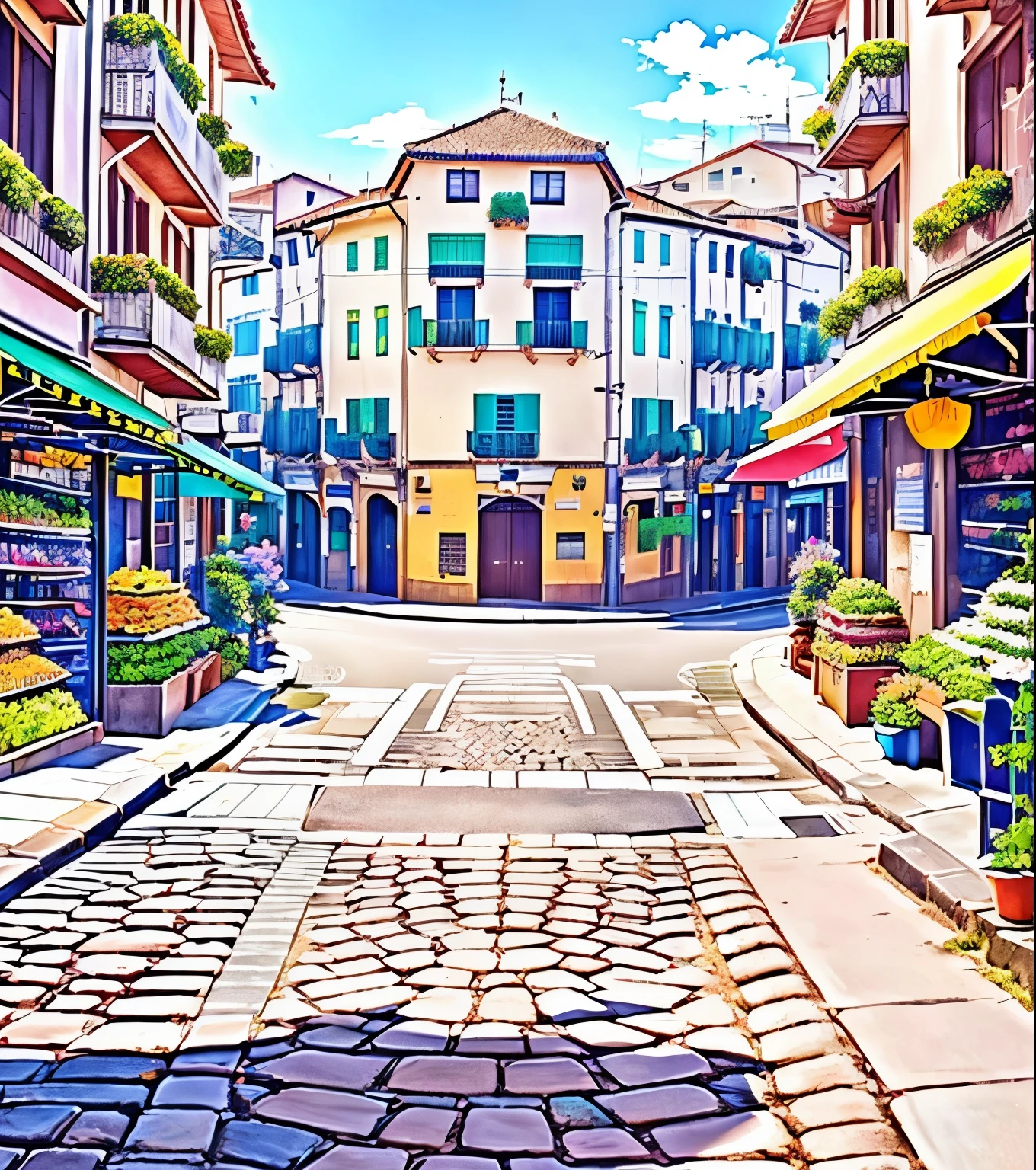 anime - style scene of a street with a cobblestone road and a building, fundo do centro da cidade, fundo de anime art, Renaissance background of the port city, fundo da cidade, paisagem urbana estilo anime, fundo de anime, streets of the ancient city behind her, paisagem urbana de anime hd, fundo de filme de anime, fundo de rua, anime scenery concept art, colorful fundo de filme de anime, a bustling magical city, cidade antiga, cidade renacentista, flores, frutas, castelo, art 4K, DESENHO DETALHADO, ART 8K, lojas