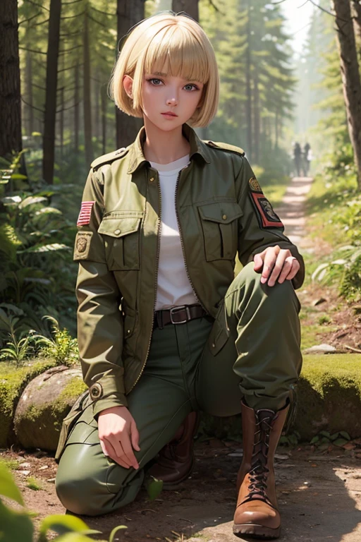 Ultra-detailed, master_piece, Top_quality, 1_beautiful_girl, ars_old, military_jacket, pants, ankle_boot, holding_Springfield, blonde_bob_cut_hair, bangs, Very_beautiful_face, very_beautiful_eyes, even_eyes, in forest, stanging, goggles
