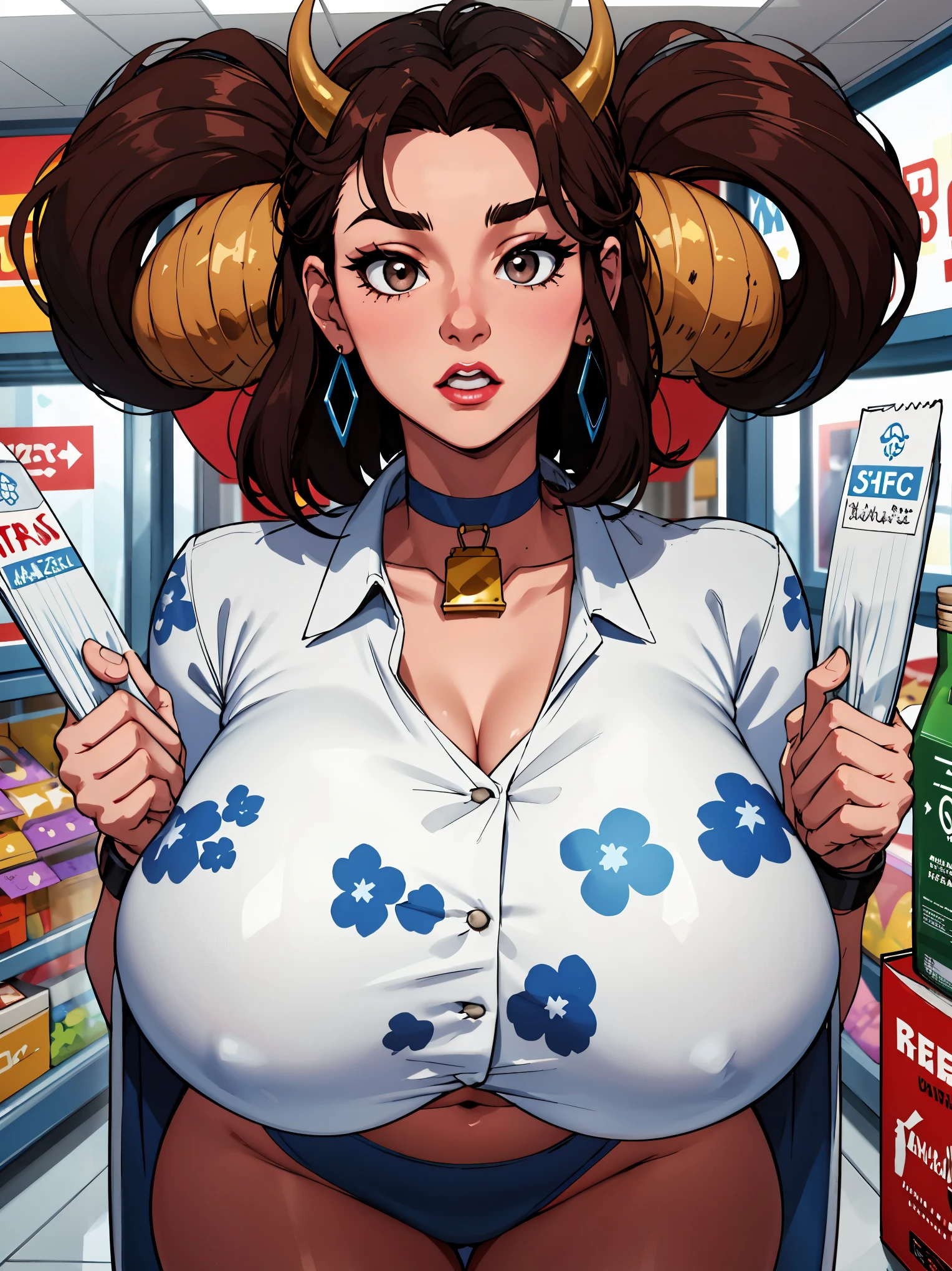 Hucow girl holding a big milk carton, masterpiece, candid photo, shy, short brown hair, big eyes, (detailed face), curvy, gigantic enormous breasts, two symmetrical horns, white (tight shirt), crop top, cute open (cow pattern) jacket, choker with bell, (in a colorful supermarket), mature female, thick thighs, earrings, high detail, ultra-detailed, retro, [big lipaster piece, best quality, face portrait
