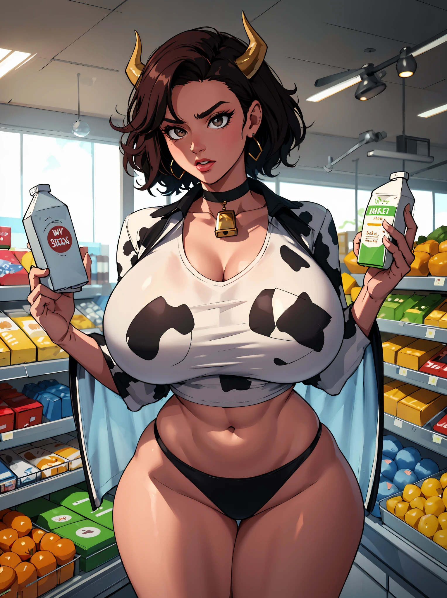 Hucow girl holding a big milk carton, masterpiece, candid photo, shy, short brown hair, big eyes, (detailed face), curvy, gigantic enormous breasts, two symmetrical horns, white (tight shirt), crop top, cute open (cow pattern) jacket, choker with bell, (in a colorful supermarket), mature female, thick thighs, earrings, high detail, ultra-detailed, retro, [big lipaster piece, best quality, face portrait