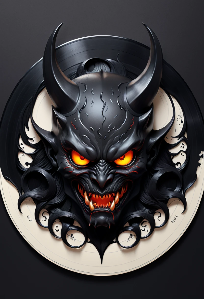 Lava Demon, Black vinyl record, package design, minimalism art, (masterpiece, best quality, Professional, perfect composition, very aesthetic, absurdres, ultra-detailed, intricate details:1.3)