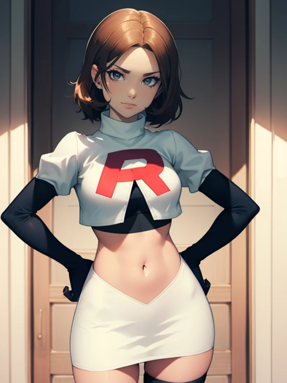 brown hair, short hair, glossy lips, eye shadow ,team rocket uniform, red letter R, white skirt,white crop top,black thigh-high boots, black elbow gloves, evil smile, evil face ,looking at viewer, cowboy shot, hands on hips