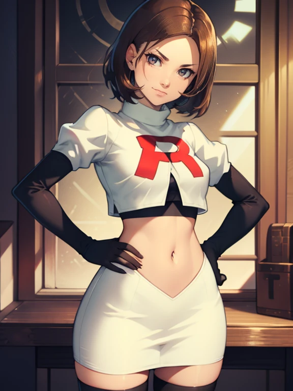 brown hair, short hair, glossy lips, eye shadow ,team rocket uniform, red letter R, white skirt,white crop top,black thigh-high boots, black elbow gloves, evil smile, evil face ,looking at viewer, cowboy shot, hands on hips