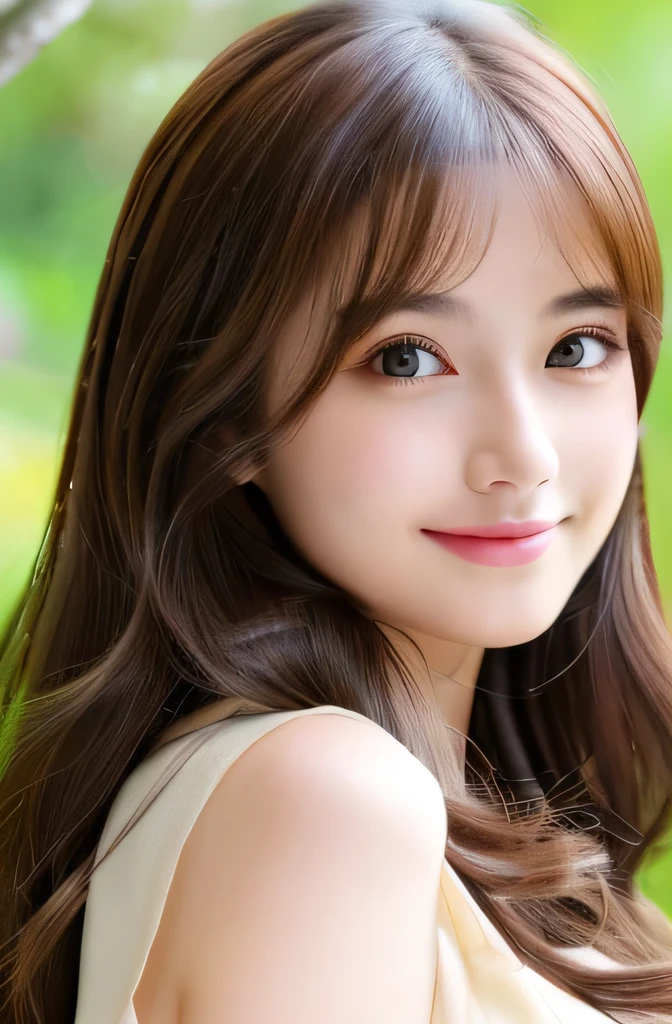 (((8k,Attention to detail,Attention to detail、highest quality,masterpiece,Attention to detail,))),RAW Photos & Realistic atmosphere,Beautiful dark eyes,Mouth Details,Glossy Lips,Thin eyebrows,beautiful Eyes、Soft white skin that shines in every detail、Her deep black eyes are very beautiful, Very beautiful face,Very beautiful face、A vivid face,beautiful, Glowing Lips,beautiful Eyebrows,Infinite Reality, Realistic Young Gravure Idol,Very cute woman , Young Gravure Idol, Young Gravure Idol, とても美しくてかわいいbeautiful 21 year old beauty,Incredibly beautiful and elegant,beautiful 21 year old beauty,Natural soft light,A little brown hair,(Shiny Hair,,beautiful and kind eyes:1.5),A kind smile,Shapely breasts,Medium Long Hair,beautiful posture,No makeup,Watching the Future,
