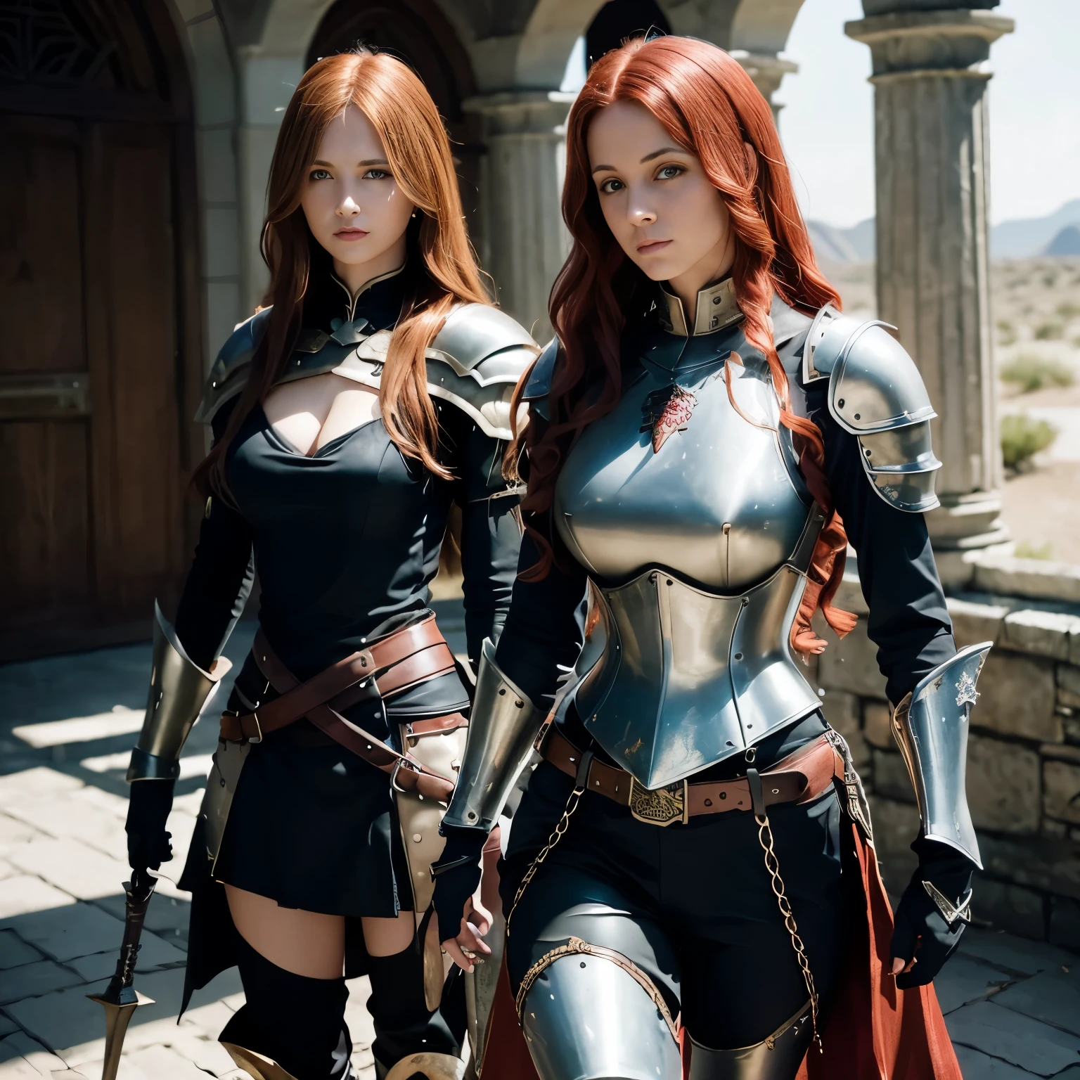 very pale woman (knight, on a desert place), ((((very very very long curlie curly red hair)))), looking at viewer, wearing (a leather pants, cuirass, gorget, pauldron, couter, vambrace, gauntlets, cuisses, greaves, sabatons, poleyn, tasses, plackard, rerebrace, breastplace, faulds, scabbard, gardbrace, shoulder armor)