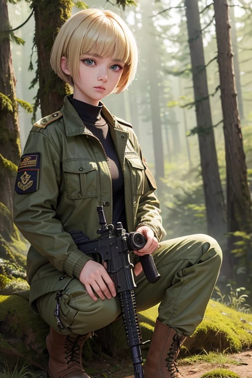 Ultra-detailed, master_piece, Top_quality, 1_beautiful_girl, 16years_old, military_jacket, pants, ankle_boot, holding_infantry_gun, blonde_bob_cut_hair, bangs, Very_beautiful_face, very_beautiful_eyes, even_eyes, in forest, stanging, goggles