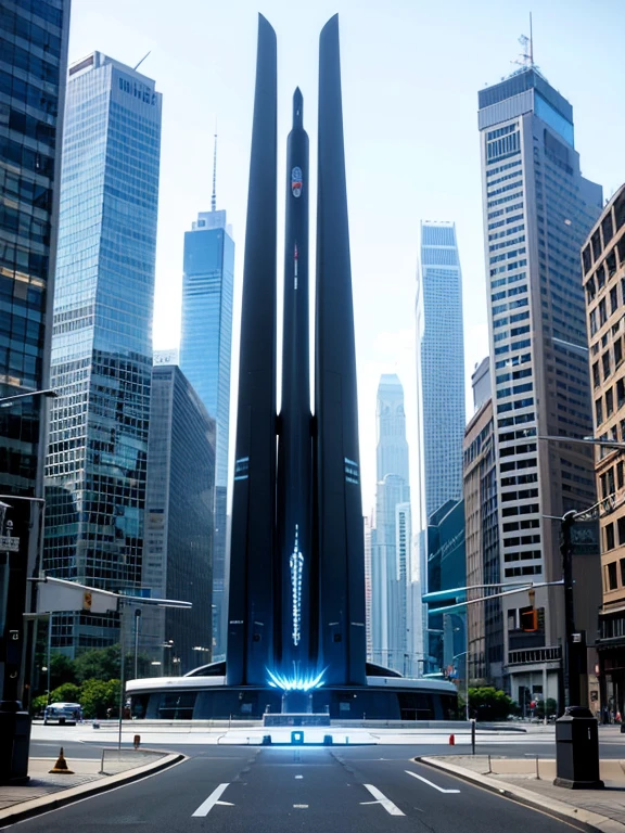 Gigantic futuristic monument that represents the military victory of an intergalactic civilization, super detailed, in an urban environment, super decorated