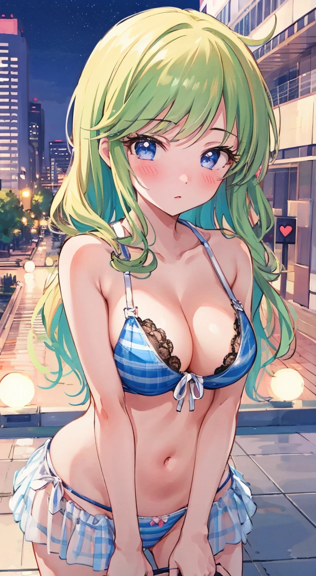 side tie panties,blush, full-face blush,masterpiece, highest quality, (anime screencap:1.3),(shape), cute,(simple:1), (anime:1.2),Solo Sharp Focus, 1 girl, cleavage,looking at the viewer, nighttime pools,Are standing,,(NSFW:1.2),bikini,pastel colour,beautiful hair,Horizontal stripes,heart shaped pupils,plaid pattern bra, plaid pattern panties,Tropicaljuice,