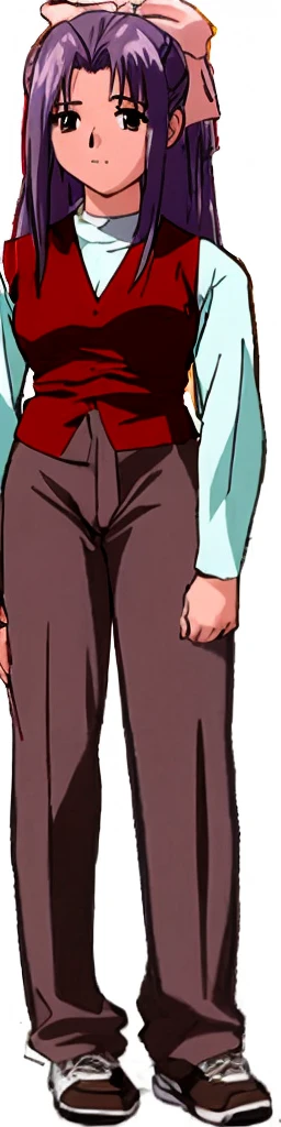 Momoko Koigakubo, a tall woman with beautiful legs, is standing in a light blue outfit and brown trousers.。