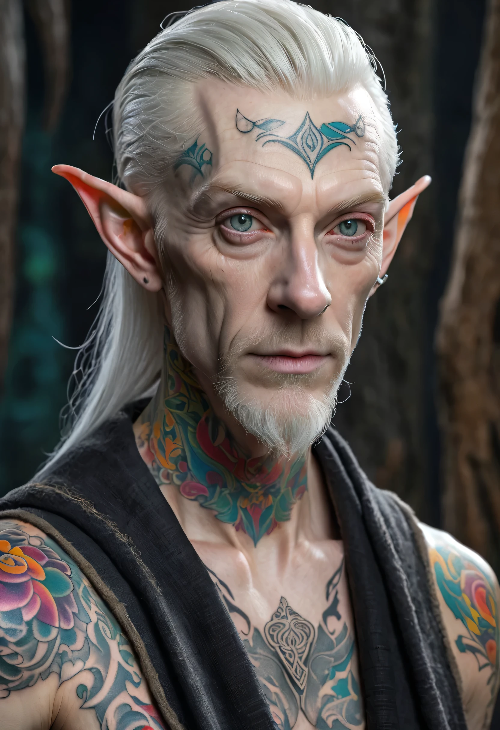 Male wood elf, elven, horror, (Artstation:1.1), (great eye detail:0.7), solo, masculine, skinny, looking at viewer, photorealistic, 8k, highly detailed, ((50 years old, ashen albino skin, gray hair, gray eyes, (upset, sad, rough black burlap robe, (((colorful tattoo:1.6)))), inspired Bram Stoker))