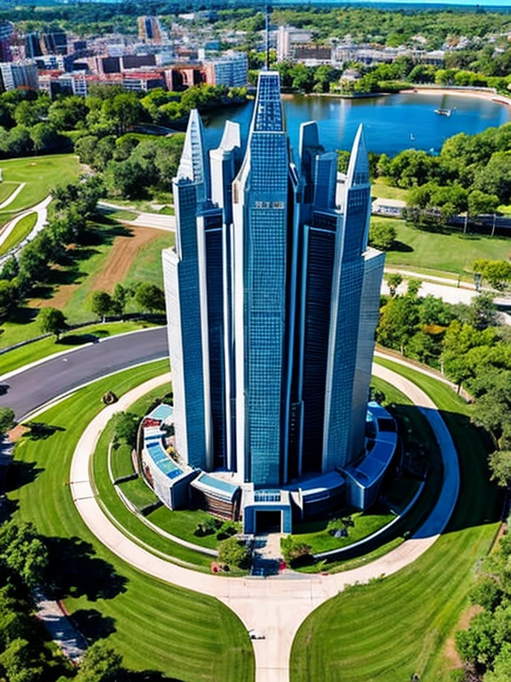 Gigantic futuristic monument that represents the military victory of an intergalactic civilization, super detailed, in an urban environment, super decorated
