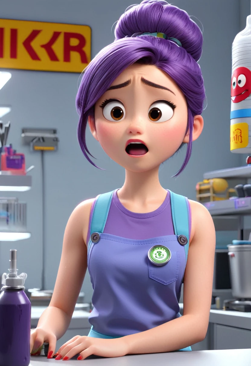 Une Japonaise de 14 ans, cheveux violet chignon en hauteur, collier bleu, Grey tank top, badge en haut a gauche, terrified, stuck to the wall with super strong black glue in a faulty laboratory, style 3d pixar, (best quality, 4k, 8k, High resolution, chef-d&#39;artwork:1.2), Ultra-detailed, (Realistic, photoRealistic, photo-Realistic:1.37), portraits, Des couleurs vives, studio lighting