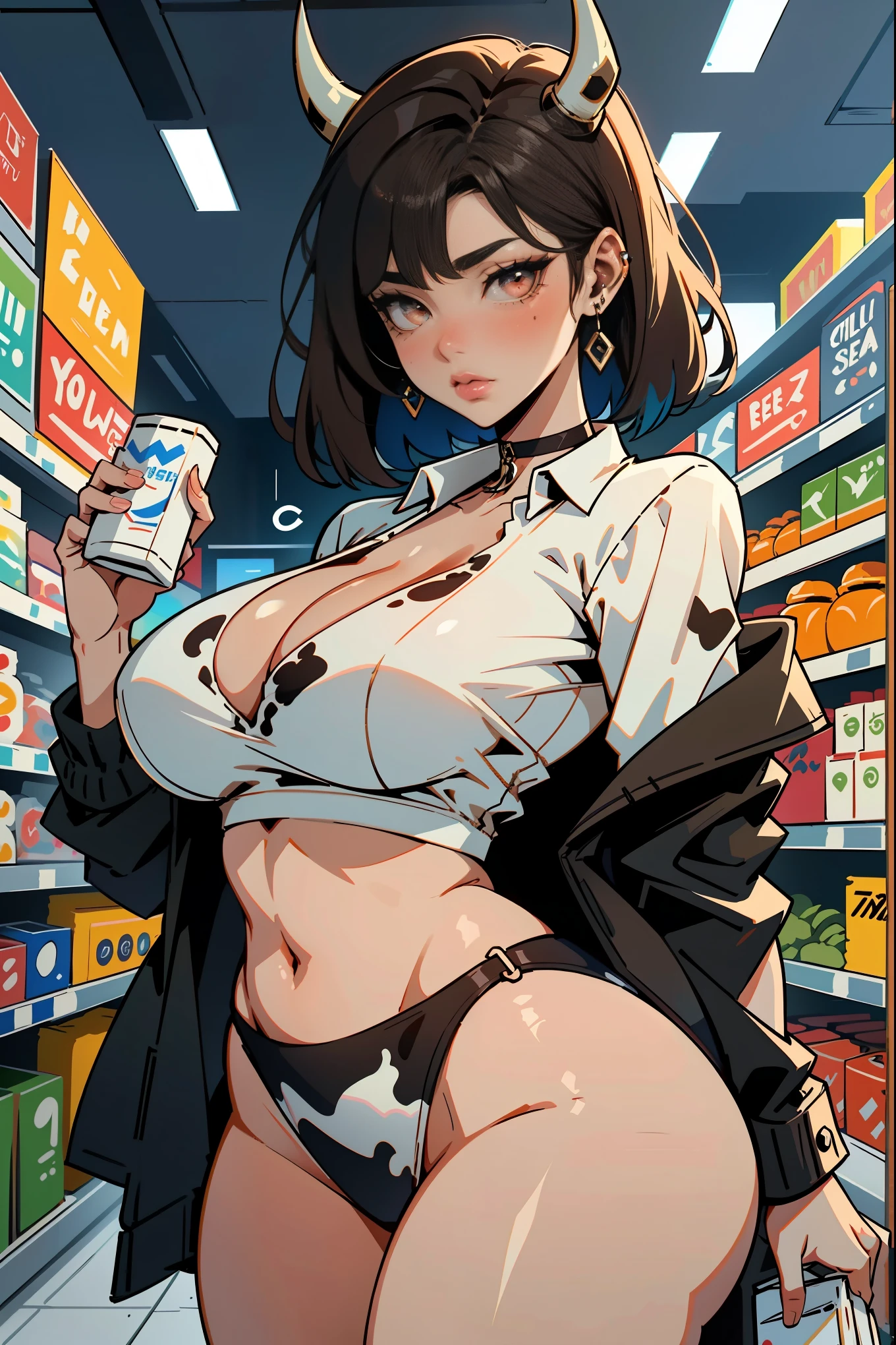 Hucow girl holding a big milk carton, masterpiece, candid photo, shy, short brown hair, big eyes, (detailed face), curvy, gigantic enormous breasts, two symmetrical horns, white (tight shirt), crop top, cute open (cow pattern) jacket, choker with bell, (in a colorful supermarket), mature female, thick thighs, earrings, high detail, ultra-detailed, retro, [big lipaster piece, best quality, face portrait
