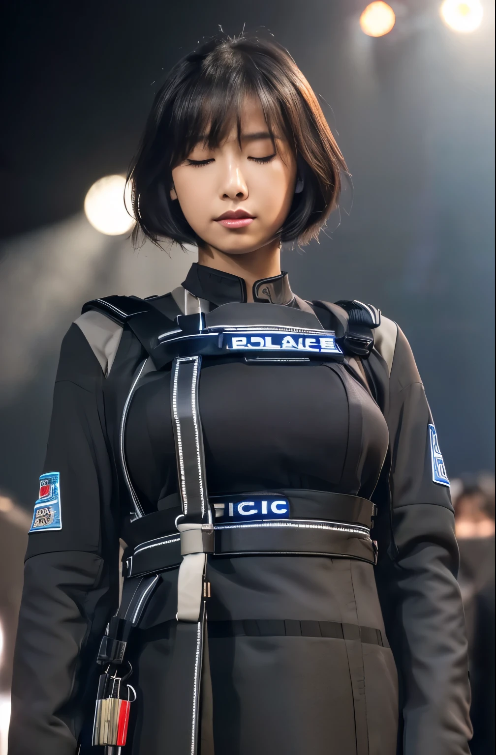 High resolution、Photorealistic、Hyperrealism、Slender body、Realistic、Beautiful Japanese Women、Black-haired、Medium Bob Hair、bangs、Detailed face、Detailed lips、Beautiful Eyes、Glowing Skin、one person、Ideal beauty、40 years old、(Big Breasts)、(The backdrop seen by the audience on stage at the show)、((((Clothing、Stand upright on stage, Look down, Face down、Close ~ eyes, sleep, Unconscious)))), (((((Black racing suit、I like police uniforms, Black and grey mech, Wearing a military harness, Has a submachine gun))))), ((Cowboy Shot, From below))