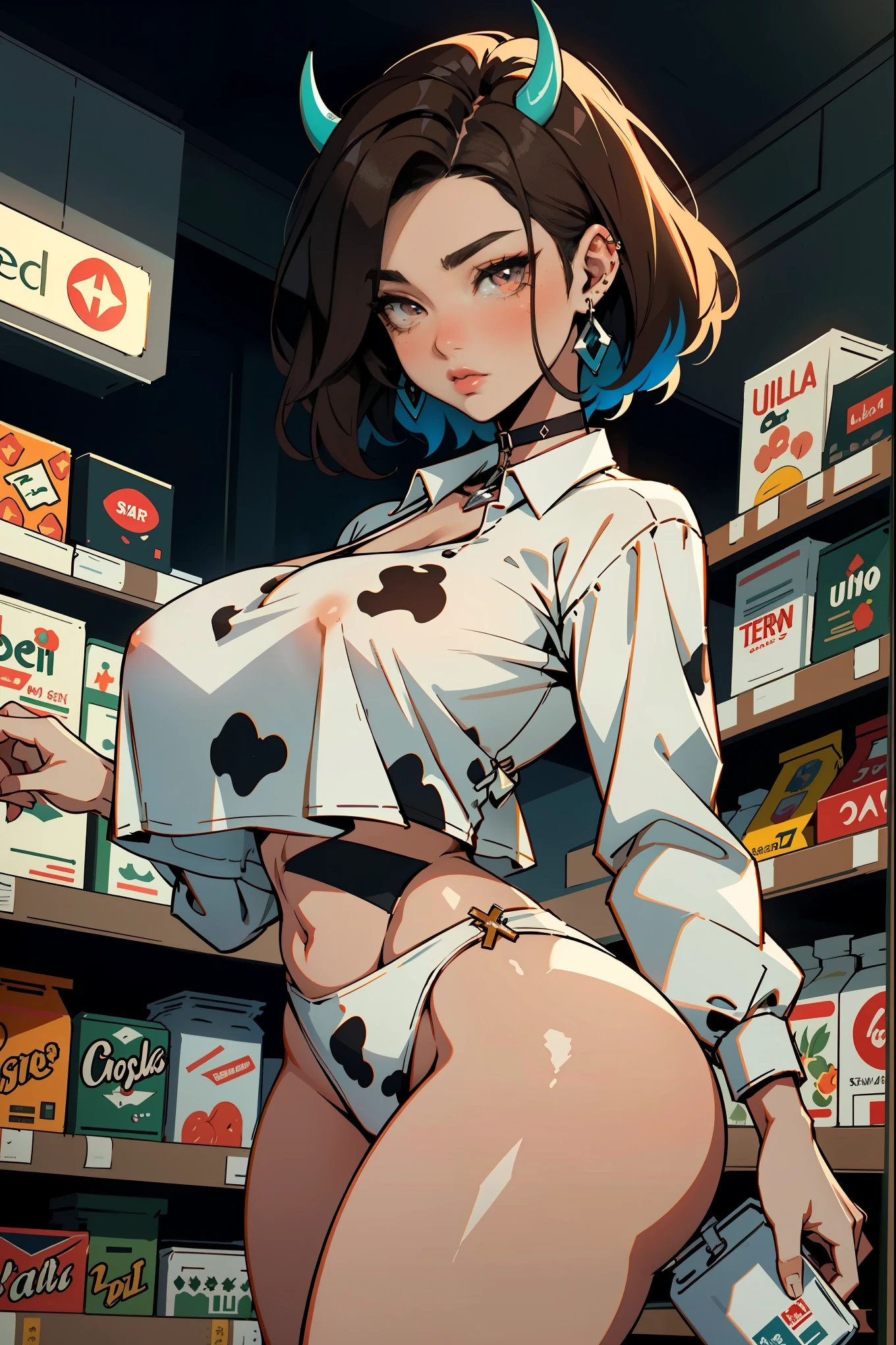 Hucow girl holding a big milk carton, masterpiece, candid photo, shy, short brown hair, big eyes, (detailed face), curvy, gigantic enormous breasts, two symmetrical horns, white (tight shirt), crop top, cute open (cow pattern) jacket, choker with bell, (in a colorful supermarket), mature female, thick thighs, earrings, high detail, ultra-detailed, retro, [big lipaster piece, best quality, face portrait